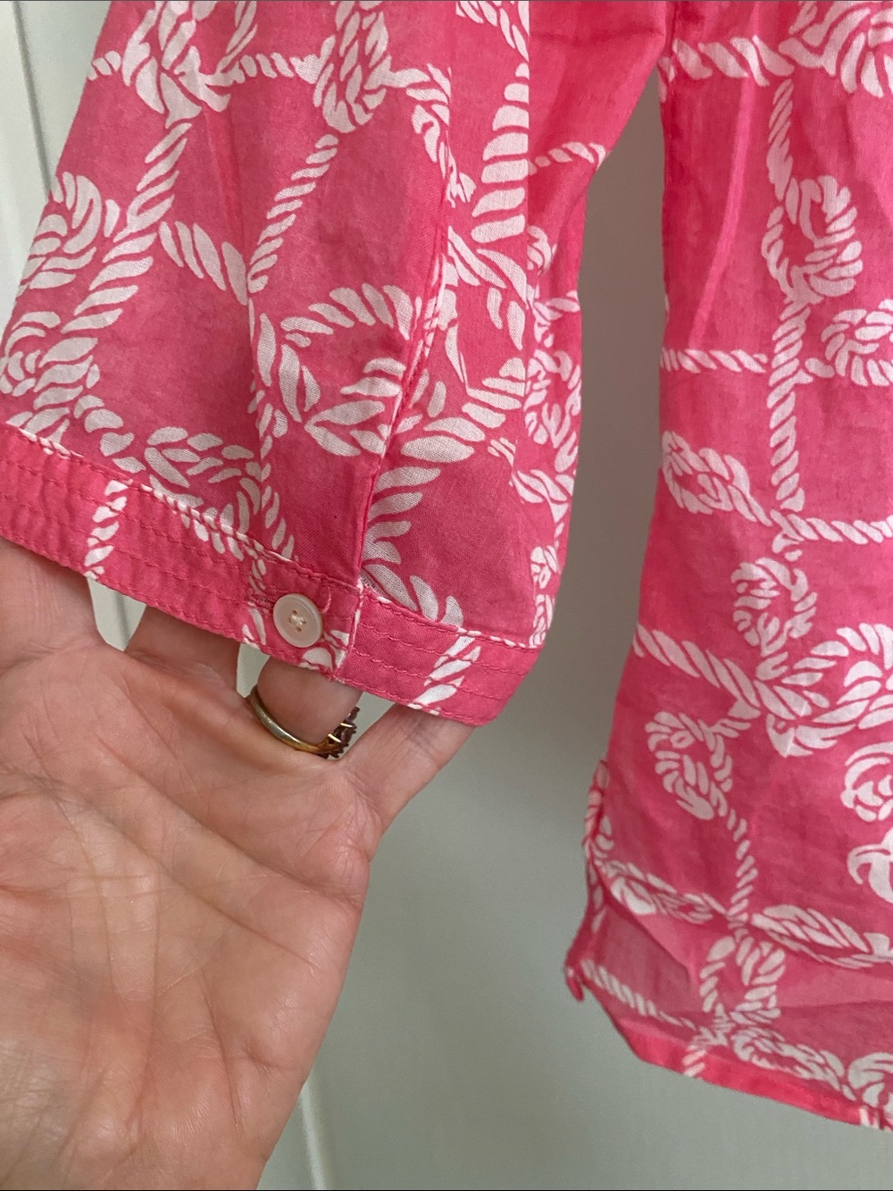 Talbots Pink Rope-Print Ruffle V-Neck Blouse (Bright Pink & White) - Picture 4 of 5